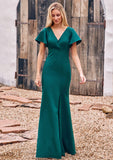 Trumpet/Mermaid V Neck Short Sleeve Stretch Crepe Floor-Length Bridesmaid Dresses with Split Hedda STIP0025273