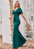 Trumpet/Mermaid V Neck Short Sleeve Stretch Crepe Floor-Length Bridesmaid Dresses with Split Hedda STIP0025273