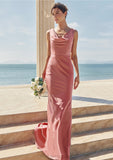 Trumpet/Mermaid Cowl Neck Sleeveless Floor-Length Stretch Satin Bridesmaid Dresses with Sashes Malia STIP0025281