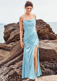 Trumpet/Mermaid Cowl Neck Sleeveless Floor-Length Stretch Satin Bridesmaid Dresses with Pleated Split Mollie STIP0025283