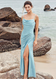 Trumpet/Mermaid Cowl Neck Sleeveless Floor-Length Stretch Satin Bridesmaid Dresses with Pleated Split Mollie STIP0025283