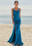 Trumpet/Mermaid V Neck Sleeveless Floor-Length Stretch Satin Bridesmaid Dresses with Pleated Split Cecilia STIP0025286