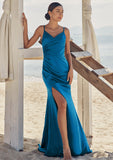 Trumpet/Mermaid V Neck Sleeveless Floor-Length Stretch Satin Bridesmaid Dresses with Pleated Split Cecilia STIP0025286