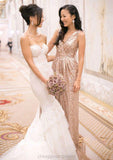 Sleeveless V Neck Long/Floor-Length A-line/Princess Sequined Bridesmaid Dresses With Pleated Evelyn STIP0025341