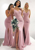 Trumpet/Mermaid V Neck Sleeveless Long/Floor-Length Elastic Satin Bridesmaid Dresses With Pleated Split Ansley STIP0025347