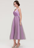 V Neck Sleeveless Tulle Tea-Length A-line/Princess Bridesmaid Dresses With Waistband Beading Pleated Georgia STIP0025395