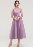 V Neck Sleeveless Tulle Tea-Length A-line/Princess Bridesmaid Dresses With Waistband Beading Pleated Georgia STIP0025395