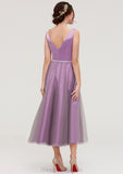 V Neck Sleeveless Tulle Tea-Length A-line/Princess Bridesmaid Dresses With Waistband Beading Pleated Georgia STIP0025395