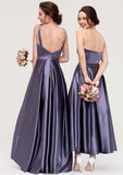 Sleeveless Bateau Ankle-Length Satin A-line/Princess Bridesmaid Dresses With Pleated Gladys STIP0025409