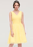 V Neck Sleeveless A-line/Princess Chiffon Knee-Length Bridesmaid Dresses With Pleated Carley STIP0025414