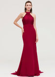 Sleeveless Scoop Neck Court Train Trumpet/Mermaid Chiffon Bridesmaid Dresseses With Lace Jessica STIP0025417