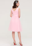 Sleeveless V Neck Knee-Length Tulle A-line/Princess Bridesmaid Dresses With Pleated Madalynn STIP0025426