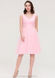 Sleeveless V Neck Knee-Length Tulle A-line/Princess Bridesmaid Dresses With Pleated Madalynn STIP0025426