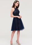 Sleeveless Halter Knee-Length Tulle A-line/Princess Bridesmaid Dresses With Sequins Appliqued Sashes Jazlynn STIP0025430