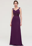 Sleeveless V Neck Long/Floor-Length Sheath/Column Chiffon Bridesmaid Dresses With Sashes Beading Pleated Izabella STIP0025432