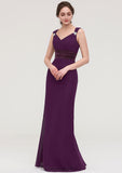 Sleeveless V Neck Long/Floor-Length Sheath/Column Chiffon Bridesmaid Dresses With Sashes Beading Pleated Izabella STIP0025432