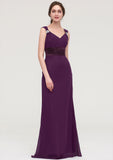 Sleeveless V Neck Long/Floor-Length Sheath/Column Chiffon Bridesmaid Dresses With Sashes Beading Pleated Izabella STIP0025432