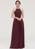 Sleeveless Halter Long/Floor-Length Chiffon A-line/Princess Bridesmaid Dresses With Beading Pleated Jessie STIP0025445