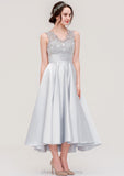 Sleeveless V Neck Asymmetrical Satin A-line/Princess Bridesmaid Dresses With Pleated Lace Kassidy STIP0025468