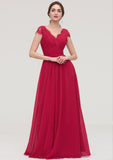 Sleeveless V Neck Long/Floor-Length Chiffon A-line/Princess Bridesmaid Dresses With Lace Pleated Helena STIP0025486