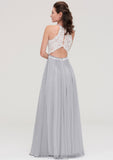 Sleeveless Scoop Neck A-line/Princess Chiffon Long/Floor-Length Bridesmaid Dresseses With Lace Elva STIP0025497