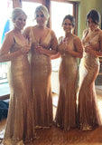 Sleeveless V Neck Sweep Train Sheath/Column Sequined Bridesmaid Dresseses With Pleated Laila STIP0025550