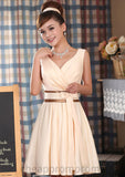 Sleeveless V Neck Knee-Length A-line/Princess Satin Bridesmaid Dresses With Bowknot Pleated Jaidyn STIP0025559