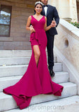 Sleeveless V Neck Court Train Sheath/Column Elastic Satin Bridesmaid Dresseses With Split Jessica STIP0025567