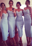 Sleeveless V Neck Tea-Length Sheath/Column Elastic Satin Bridesmaid Dresseses With Appliqued Skyler STIP0025581