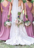 Sleeveless V Neck Long/Floor-Length Chiffon A-line/Princess Bridesmaid Dresseses With Pleated Lindsay STIP0025584