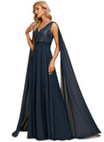 Kristina A-line V-Neck Floor-Length Chiffon Lace Evening Dress With Sequins STIP0020990