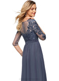 Giana A-line Scoop Illusion Floor-Length Chiffon Lace Evening Dress With Sequins STIP0020946