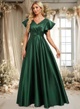 Isabell A-line V-Neck Floor-Length Satin Bridesmaid Dress With Ruffle STIP0025777