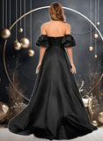 Teagan A-line V-Neck Sweep Train Satin Prom Dresses STIP0025842