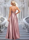 Leticia A-line V-Neck Floor-Length Stretch Satin Bridesmaid Dress STIP0025822