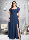 America A-line V-Neck Floor-Length Chiffon Bridesmaid Dress With Ruffle STIP0025802