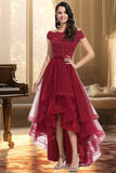 Victoria A-line Off the Shoulder Asymmetrical Lace Tulle Homecoming Dress With Beading Bow Sequins STIP0020535