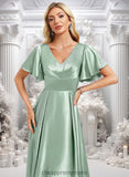 Cassie A-line V-Neck Asymmetrical Stretch Satin Bridesmaid Dress With Ruffle STIP0025772