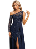 EmeryPiper A-line Asymmetrical Illusion Floor-Length Chiffon Lace Evening Dress With Sequins STIP0020814