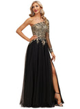 Peyton A-line One Shoulder Floor-Length Lace Tulle Evening Dress With Sequins STIP0020839