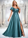 Roselyn A-line V-Neck Floor-Length Stretch Satin Bridesmaid Dress With Ruffle STIP0025780