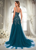 Sherlyn Trumpet/Mermaid V-Neck Sweep Train Tulle Prom Dresses With Sequins Appliques Lace STIP0025853