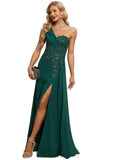 Rubi Trumpet/Mermaid One Shoulder Floor-Length Chiffon Lace Evening Dress With Pleated Sequins STIP0020863