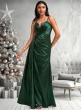 Hayden A-line V-Neck Floor-Length Stretch Satin Bridesmaid Dress STIP0025745