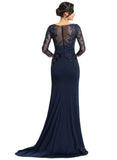 Hailey Trumpet/Mermaid Boat Neck Illusion Sweep Train Lace Jersey Evening Dress With Sequins STIP0020925