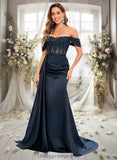 Katelyn Trumpet/Mermaid Off the Shoulder Sweep Train Satin Prom Dresses With Sequins Appliques Lace STIP0025835