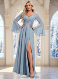 Diya A-line V-Neck Floor-Length Chiffon Bridesmaid Dress STIP0025798