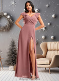 Annika A-line V-Neck Floor-Length Chiffon Bridesmaid Dress With Ruffle STIP0025751