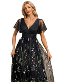 Jayden A-line V-Neck Floor-Length Lace Tulle Evening Dress With Pleated STIP0020797