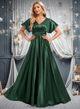 Asia A-line V-Neck Floor-Length Stretch Satin Bridesmaid Dress STIP0025782